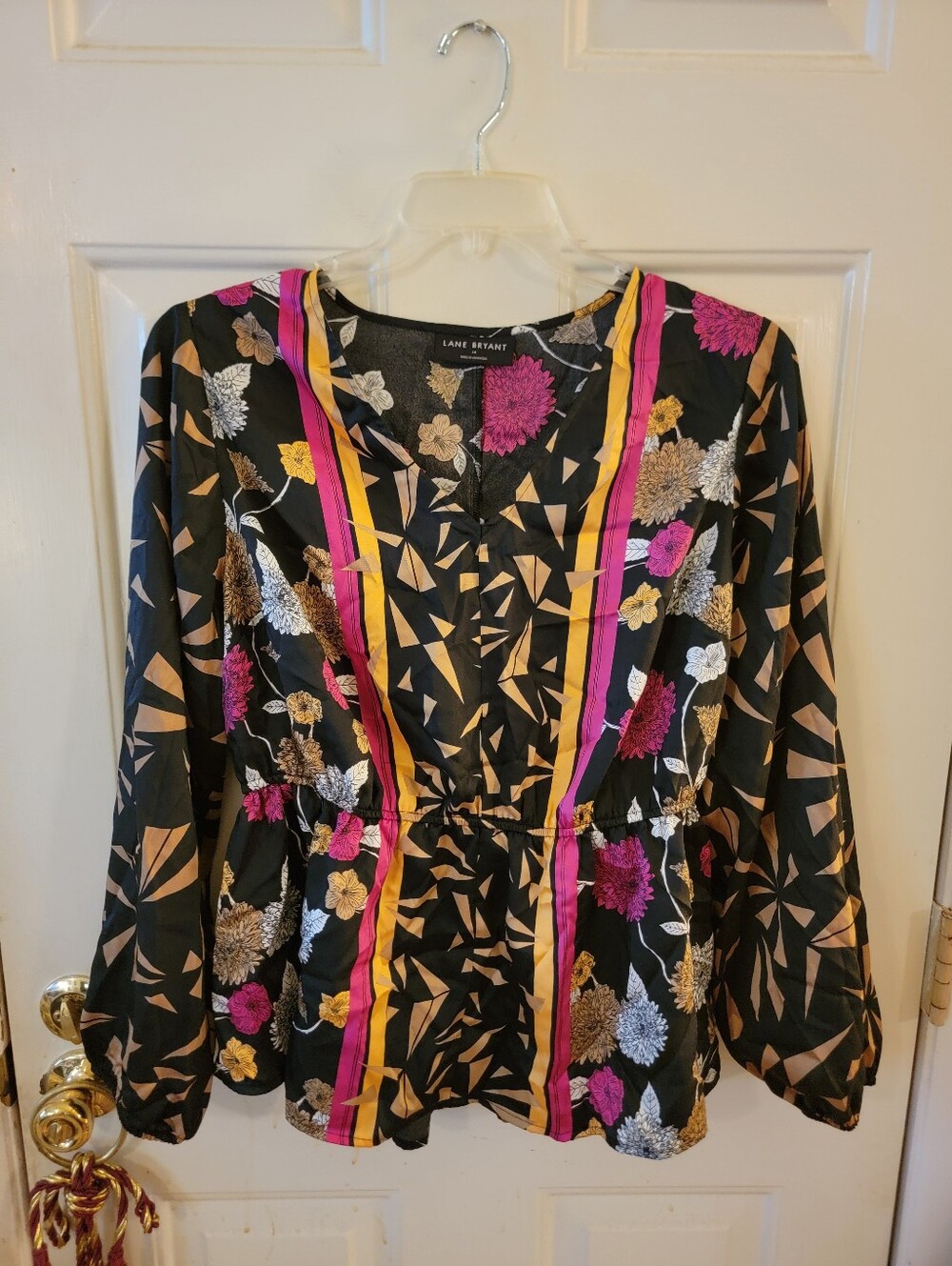 Lane Bryant Black Floral V-Neck Blouse with Pink & Gold Trim